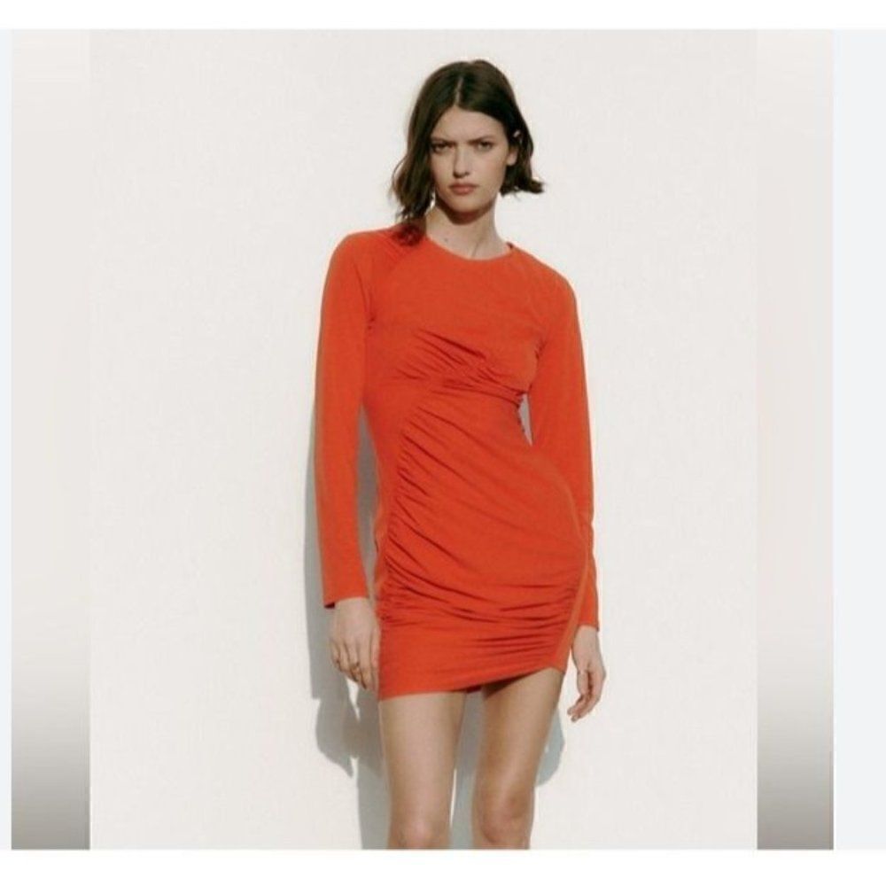 Zara Womens Mini Dress Red M Sheath Ruched Knit Long Sleeve Back Zip NWT